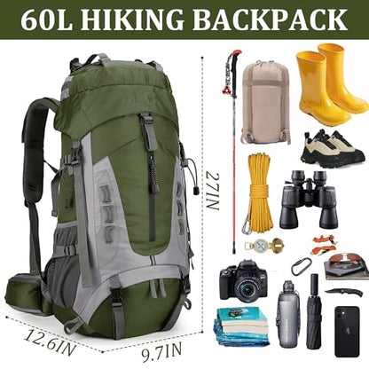 75L Hiking Backpack with Rain Cover Waterproof Camping Backpack Shoes Warehouse for Men Women, Frameless - color: Armygreen, size: 60L