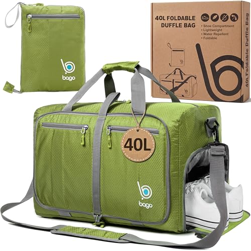 Bago Medium Duffle Bag for Travel Women & Men. Durable Lightweight Foldable Travel Duffel Bags For Traveling Women. 40L Duffle Bags a Reliable Weekender duffel or Overnight Bag With Shoe Compartment - color: Green, size: 40L