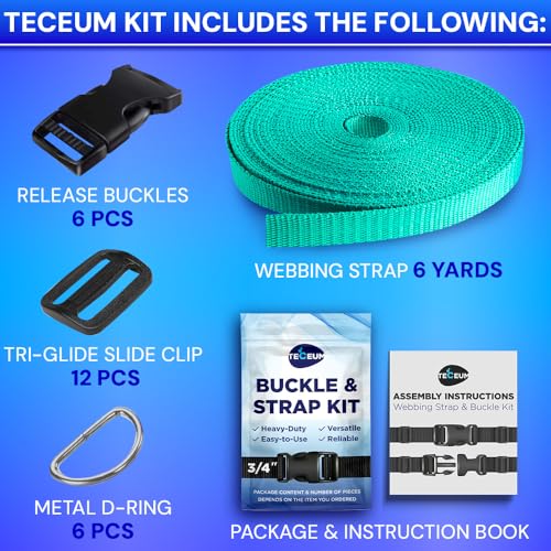 TECEUM 3/4" Nylon Strap Kit with Buckles, Turqouise 6 yards Repair Set | Heavy duty hardware kit: 6yd webbing, 6 quick release buckles, 12 tri-glide slide clips, 6 metal D-rings for crafting. - color: Turqouise, size: 3/4" - 6 yards, style: 6 Buckle - 12