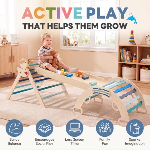 DUMOS 9-in-1 Pikler Triangle Set for Toddlers, Foldable Montessori Climbing Toys Indoor, Wooden Jungle Gym with Arch Rocker, Reversible Ramp, Ladder, Toy Cars and Blocks, Navy Blue - color: Navy Blue
