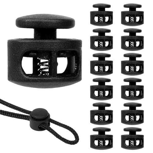 Giantree 12 Pack Spring Cord Lock, Double Hole Drawstring Stopper Fastener, Black Plastic Spring Cord Locks, for Drawstring Sweatpants Hat Hoodie String Clip Elastic Shoelace Lock Swim Goggles (12)