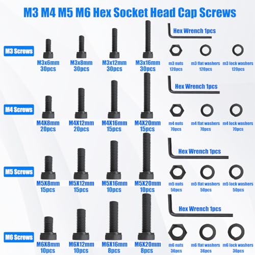 1108PCS Metric Screw Assortment Kit, M3 M4 M5 M6 Metric Bolts and Nuts Kit with with Lock & Flat Washers, 12.9 Grade Alloy Steel Hex Socket Head Cap Screws for 3D Printing - size: M3 M4 M5 M6, style: Socket Head