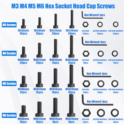 1108PCS Metric Screw Assortment Kit, M3 M4 M5 M6 Metric Bolts and Nuts Kit with with Lock & Flat Washers, 12.9 Grade Alloy Steel Hex Socket Head Cap Screws for 3D Printing - size: M3 M4 M5 M6, style: Socket Head