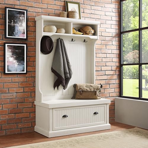 Crosley Furniture Seaside Hall Tree with Shoe Rack Bench and Coat Hooks for Hanging Storage, Distressed White - color: Distressed White, style: Hall Tree
