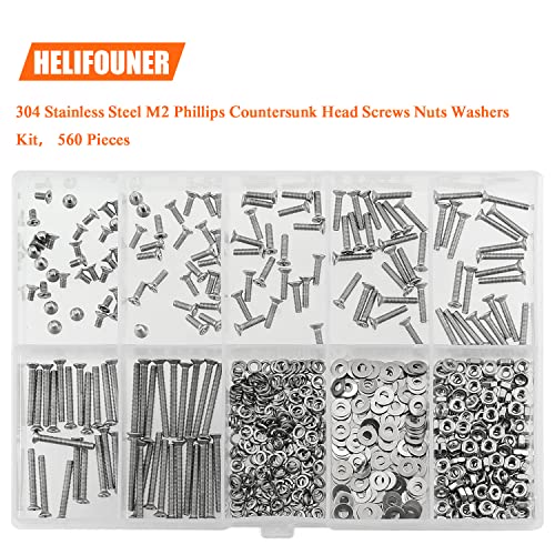 HELIFOUNER 560 Pieces M2 x 4mm /6mm /8mm /10mm /12mm /16mm /20mm, Phillips Countersunk Head Machine Screws, Metric Screws Bolts Washers Nuts Kit, 304 Stainless Steel - size: M2, style: Phillips Countersunk Head