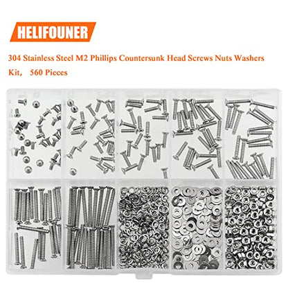 HELIFOUNER 560 Pieces M2 x 4mm /6mm /8mm /10mm /12mm /16mm /20mm, Phillips Countersunk Head Machine Screws, Metric Screws Bolts Washers Nuts Kit, 304 Stainless Steel - size: M2, style: Phillips Countersunk Head