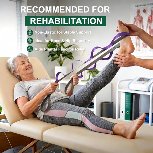 Acozycoo Stretching Strap with Loops,Non-Elastic Yoga Strap for Physical Therapy,Knee Replacement Recovery & Plantar Fasciitis,Leg Stretcher Band for Flexibility & Hamstring Rehab - color: Purple