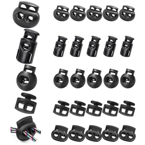 CooBigo 25pcs Plastic Spring Cord Locks for Drawstring, Paracord Toggle Stopper Clasp Elastic Shoeslace Lock Sweatpants Hoodie String Clips Gloves String Lock - color: 01-Black 5 Assorted Styles