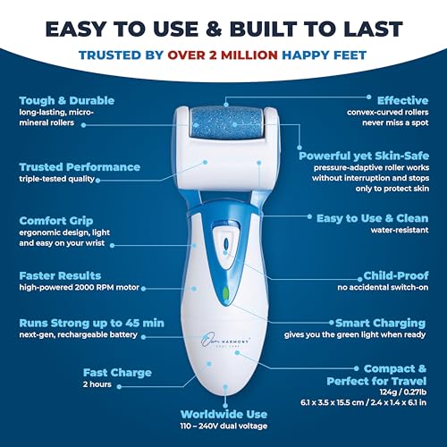 Electric Callus Remover: Rechargeable Electronic Foot File CR900 by Own Harmony (Powerful Motor) Best Pedicure Tools w 3 Rollers Professional Pedi Feet Care Sander for Cracked Heels and Hard Skin - color: Blue