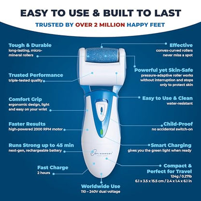 Electric Callus Remover: Rechargeable Electronic Foot File CR900 by Own Harmony (Powerful Motor) Best Pedicure Tools w 3 Rollers Professional Pedi Feet Care Sander for Cracked Heels and Hard Skin - color: Blue