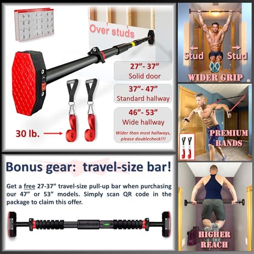 Pull Up Bar for Hallway or Doorway 6-piece Set with Two Attachable Resistance Bands/Handles, Training Manuals, No Screws Chin Up Bar, Max 680lbs, Width options: 27-37", 37-47"; 46-53" - size: 37"-47"