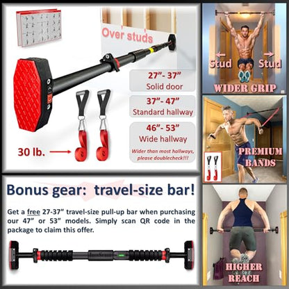 Pull Up Bar for Hallway or Doorway 6-piece Set with Two Attachable Resistance Bands/Handles, Training Manuals, No Screws Chin Up Bar, Max 680lbs, Width options: 27-37", 37-47"; 46-53" - size: 26"-37"