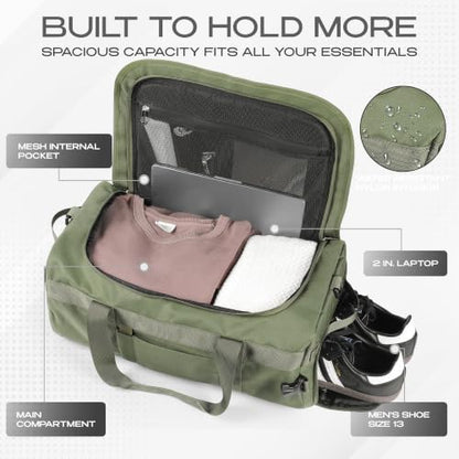 3-in-1 Duffle Bag Backpack with Shoe & Laptop Pocket, Cup Holder, Ventilated Gym & Travel Bag (Dark Green) - color: Dark Green
