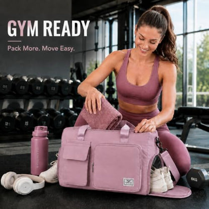 FIORETTO Women's Gym Duffle Bag with Shoes Compartment, 30L Capacity, Ideal for Travel, Gym, Sports, Duffel, Weekender - color: Grayish Pink, style: Gym Bag With Toiletry Bag