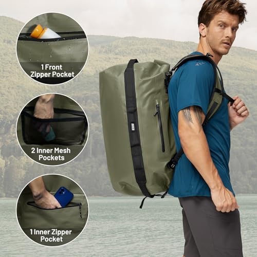 MIER Large Waterproof Duffel Bag - 60L/80L Dry Bag Backpack | Detachable Backpack Straps; Multi-Pockets; Roll-Top with Hook-and-Loop Closure; Motorcycle, Kayaking, Gym, Beach, Boating - color: Army Green, size: 60L