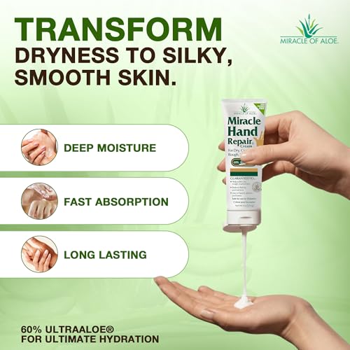 Miracle Aloe Hand Cream For Dry Cracked Hands, 4 Oz, 60% Aloe Vera, 2 Pack | Hand Repair Cream, Non Greasy Fast Absorbing Moisturizer, Working Hands Lotion For Extremely Dry Skin, Travel Size, Elbows - size: 4 Ounce (Pack of 2)