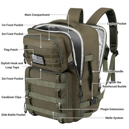 Legestori 25L Tactical Bag Backpack for Men, Heavy Duty Military Backpack Molle Army Large Rucasack, Laptop Backpack Travel (Green) - color: Green