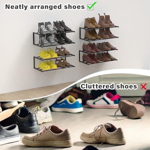 Wall Mounted Shoe Organizer 1 Pack, 25.9 Inch Wall Mounted Shoe Rack Holds 6 Pairs, Space Saving Metal Wall Shoe Rack for Small Space, Entryway