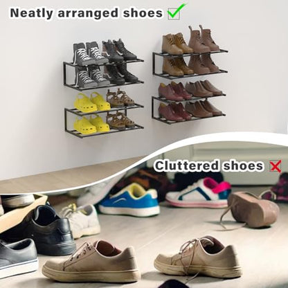 Wall Mounted Shoe Organizer 1 Pack, 25.9 Inch Wall Mounted Shoe Rack Holds 6 Pairs, Space Saving Metal Wall Shoe Rack for Small Space, Entryway