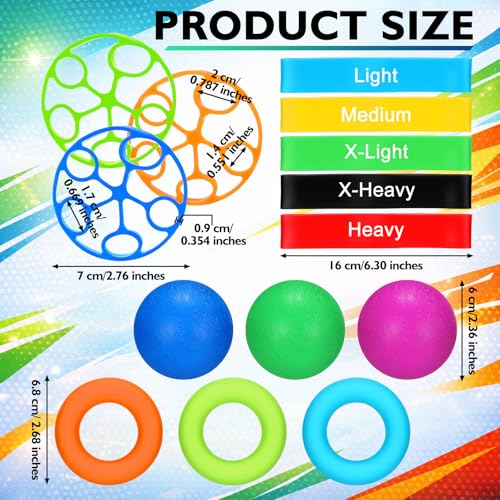 Hoteam 14 Pcs Hand Grip Strengthener Kit Finger Toe Stretcher Band Separator with Weight Indicator Finger Stretcher Relief Massage Balls Hand Grip Strengthener for Adults Pain Relief Climbing Gym