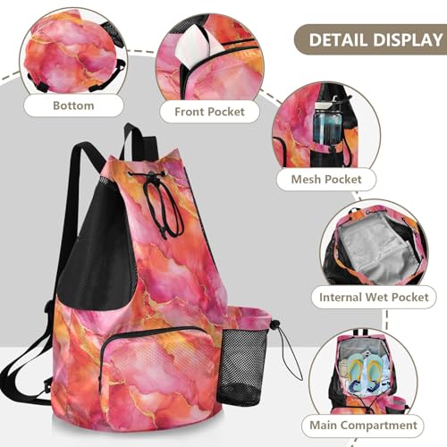 Drawstring Bags Climbing Gym Bag With Water Bottle Pocket String Backpack Bag Waterproof Marble Hot Pink Peach