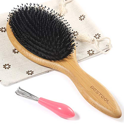 BESTOOL Hair Brush-Boar Bristle Hair Brushes Natural Bamboo Wooden Cushion Massage Anti Static Large Paddle Hairbrush for Women Men and Kid (Round) - color: Natural