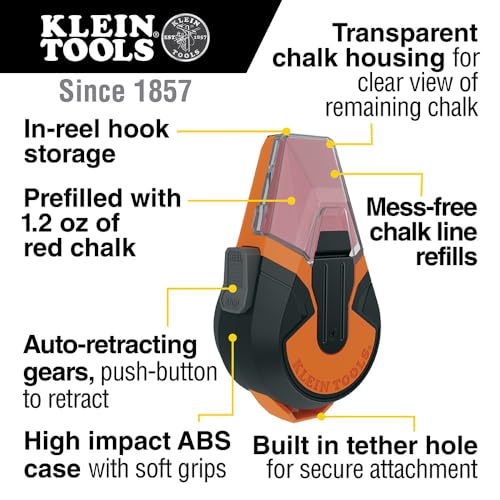 Klein Tools CHLK50R Chalk Line Tool, 50-Foot Auto-Retracting Reel, Mess-Free Refill, Includes 1.2-Oz Red Chalk - color: Red, style: Red Auto Retracting