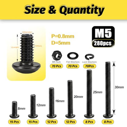 Kadrick M5 Screw Assortment, 280PCS M5 Screw Kit with Nuts Lock & Flat Washers, Grade 10.9 Alloy Steel Hex Socket Button Head Black Screws Nuts and Bolts Kit - size: M5 280Pcs 8-30mm