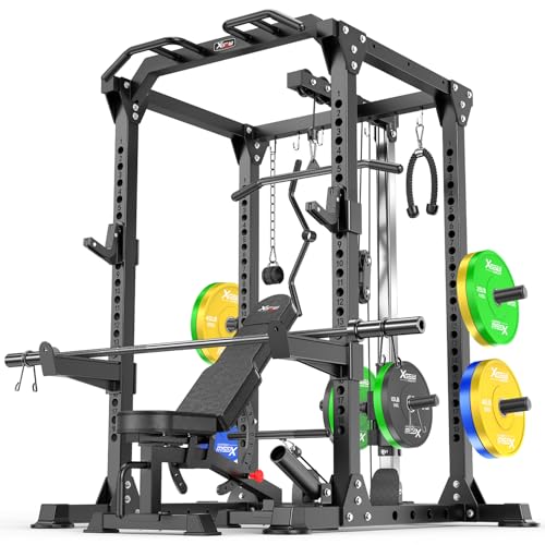 Power Rack Power Cage Multi-Function Squat Rack with Cable Crossover System Selectable More Training Attachment Power Rack for Garage & Home Gym - color: Black, size: D set L01+Weight Bench+（pole+Color BP）258LBS