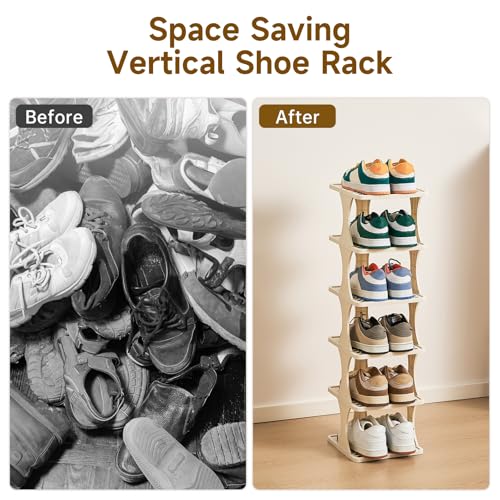 UFORU Vertical Shoe Rack 6 Tier,Narrow Free Standing Shoe Organizer | Shoe Shelf for Dorm,Narrow Shoe Rack for Closet,Entryway,Tall Stackable Plastic Shoe Organizer for Small Spaces,Easy Assembly