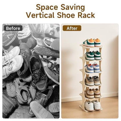 UFORU Vertical Shoe Rack 6 Tier,Narrow Free Standing Shoe Organizer | Shoe Shelf for Dorm,Narrow Shoe Rack for Closet,Entryway,Tall Stackable Plastic Shoe Organizer for Small Spaces,Easy Assembly