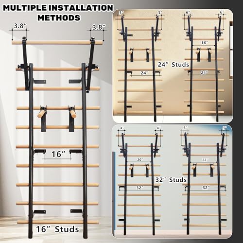 Stall Bars, Swedish Ladder for Adult and Kids, Wall Bar with Solid Beech Wood Rods, Durable Steel Frame, Adjustable Pull Up and Dip for Strength, Flexibility at Home Gym, Studio - color: Black