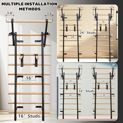 Stall Bars, Swedish Ladder for Adult and Kids, Wall Bar with Solid Beech Wood Rods, Durable Steel Frame, Adjustable Pull Up and Dip for Strength, Flexibility at Home Gym, Studio - color: Black