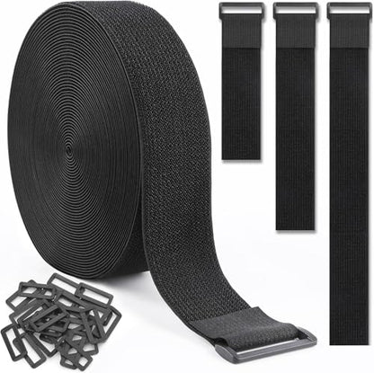 2In x 20Ft Cinch Straps Nylon Heavy Duty with 25 Buckles, Cut to Length, Black Hook and Loop Straps, Reusable Long Cable Ties for Storage and Cord Organizer - size: 2In x 20Ft Black
