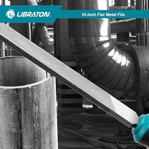 LIBRATON 10-Inch Flat Metal File, Metal File Tool, High Carbon Steel File | with Ergonomic Handle, Hand File for Metal, Metalworking, Wood, Plastic, Flat File for Refining, Shaping and Scraping