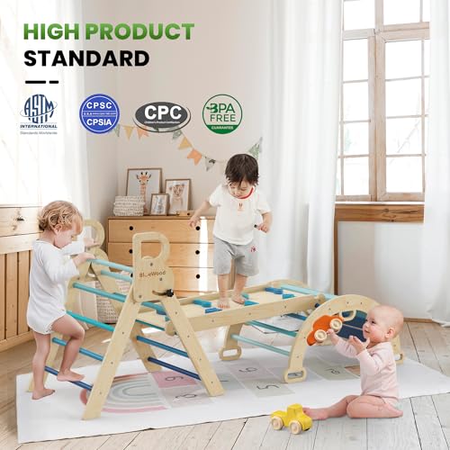 Pikler Triangle Set with Safe Handle, Climbing Toys for 1-3 Year | Foldable 7-in-1 Montessori Toddler Climbing Toys Indoor, Wooden Pickler Climbing Set, Baby Jungle Gym & Playground, Sky Blue - color: Sky Blue