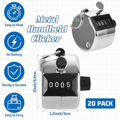 20 Pack Clicker Counter, Metal Hand Tally Counter Clicker, 4 Digit Mechanical Palm Pitch Counter Clicker for Counting Numbers Golf Sports Events Office Stadium