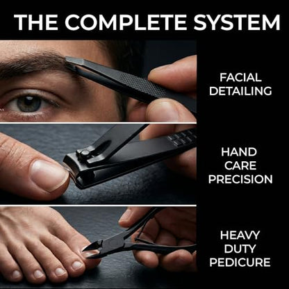 Earth & I Manicure Kit for Men: TSA Compliant Nail Clipper Grooming Set | Precision forged surgical stainless steel grooming tools. TSA-compliant satin black travel vault & premium gift box for men.