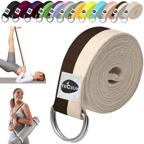 TECEUM 2 IN 1 Yoga & Mat Strap for Stretching – Cotton – 6/8/10 ft | Adjustable Non-Slip Belt in 30+ Colors for Yoga, Pilates, Physical Therapy, Fitness, Home Workouts and Carrying Mats - color: Brown Beige, size: 6 ft