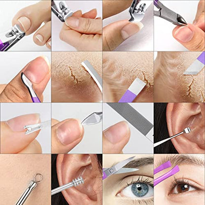16 pcs Stainless Steel Nail Care Tools Grooming Kit with Luxurious Travel Leather Case for Thick Nails Men Women Gift,Manicure Set Professional NailClippers Pedicure Kit,Sharp Nail Scissor(Purple)