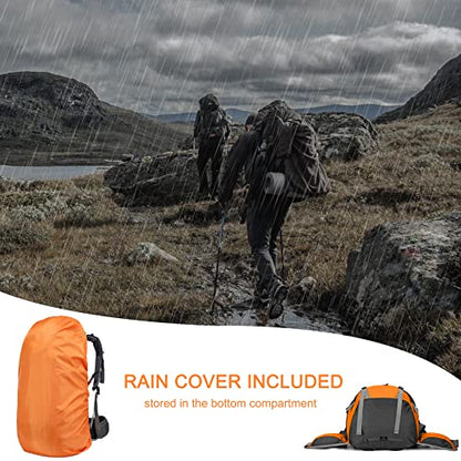 Loowoko 50L Hiking Backpack, Waterproof Camping Essentials Bag with Rain Cover, 45+5 Liter Lightweight Backpacking Back Pack - color: Orange
