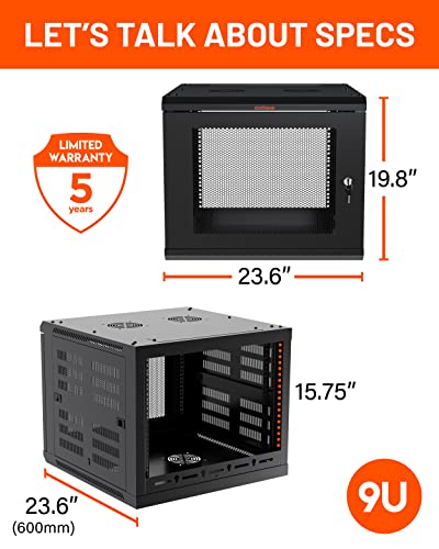 ECHOGEAR 9U Network Rack w/Enclosed Design, Easy Install, 600mm Depth | Enclosed server rack includes pre-mounted fan, 2x 1U shelves, lockable door, wall mountable design, all hardware for install - size: 9U