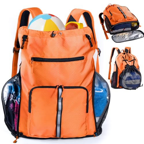 Large Beach Backpack Waterproof Sandproof - Customized Oversized Drawstring Pool Bag with Shoe Compartment for Toiletries, Towels, Gym, Travel - color: Orange, size: Large