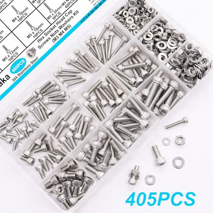 405PCS M3 M4 M5 Metric Screw Assortment Kit, 8-20mm Hex Socket Head Cap Screws Bolts Nuts Washers Assortment Kit, 304 Stainless Steel Metric Bolts with 3 Hex Wrench - size: SS M3 M4 M5, style: Socket Head