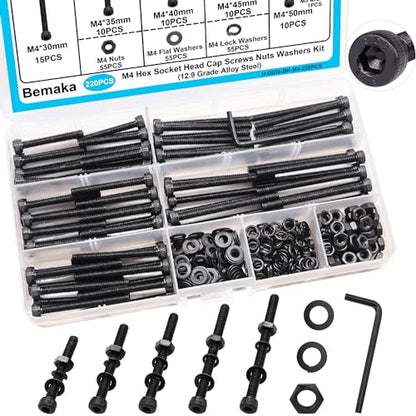 220PCS Black M4 Hex Socket Head Cap Screws, M4 x 30/35/40/45/50mm Metric Screws Bolts Nuts Washers Assortment Kit, 12.9 Grade Alloy Steel - size: M4 x 30/35/40/45/50mm, style: Socket Head