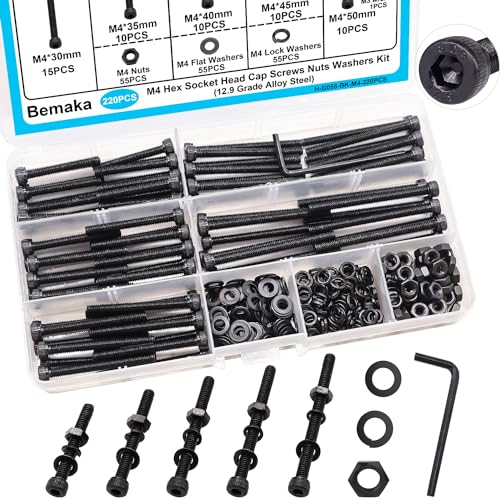 220PCS Black M4 Hex Socket Head Cap Screws, M4 x 30/35/40/45/50mm Metric Screws Bolts Nuts Washers Assortment Kit, 12.9 Grade Alloy Steel - size: M4 x 30/35/40/45/50mm, style: Socket Head
