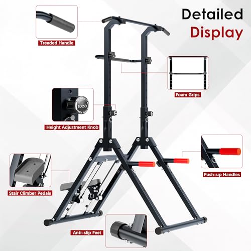 DlandHome Foldable Pull Up Bar Dip Station With Stair Stepper, Adjustable Multifunction Workout Power Tower Pull-up Bars for Home Gym, Strength Training Equipment, Triangular Legs, Up to 330lbs