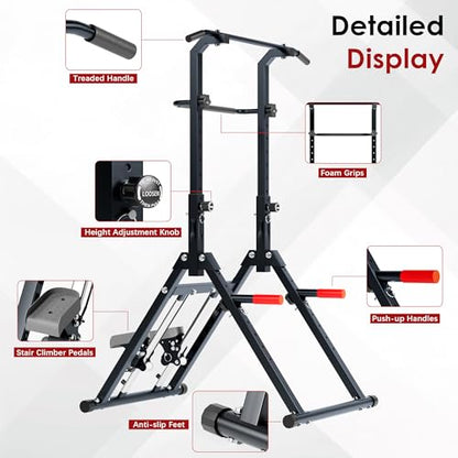 DlandHome Foldable Pull Up Bar Dip Station With Stair Stepper, Adjustable Multifunction Workout Power Tower Pull-up Bars for Home Gym, Strength Training Equipment, Triangular Legs, Up to 330lbs