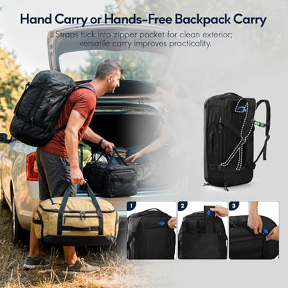 Haimont 60L Foldable Travel Duffel Backpack, Black | Shoe Compartment, Stowable Straps, U-Shaped Opening, Water-Resistant Build - color: Black
