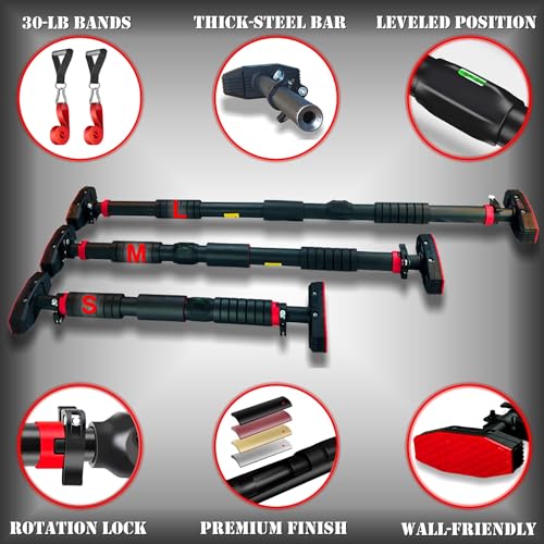 Pull Up Bar for Hallway or Doorway 6-piece Set with Two Attachable Resistance Bands/Handles, Training Manuals, No Screws Chin Up Bar, Max 680lbs, Width options: 27-37", 37-47"; 46-53" - size: 37"-47"